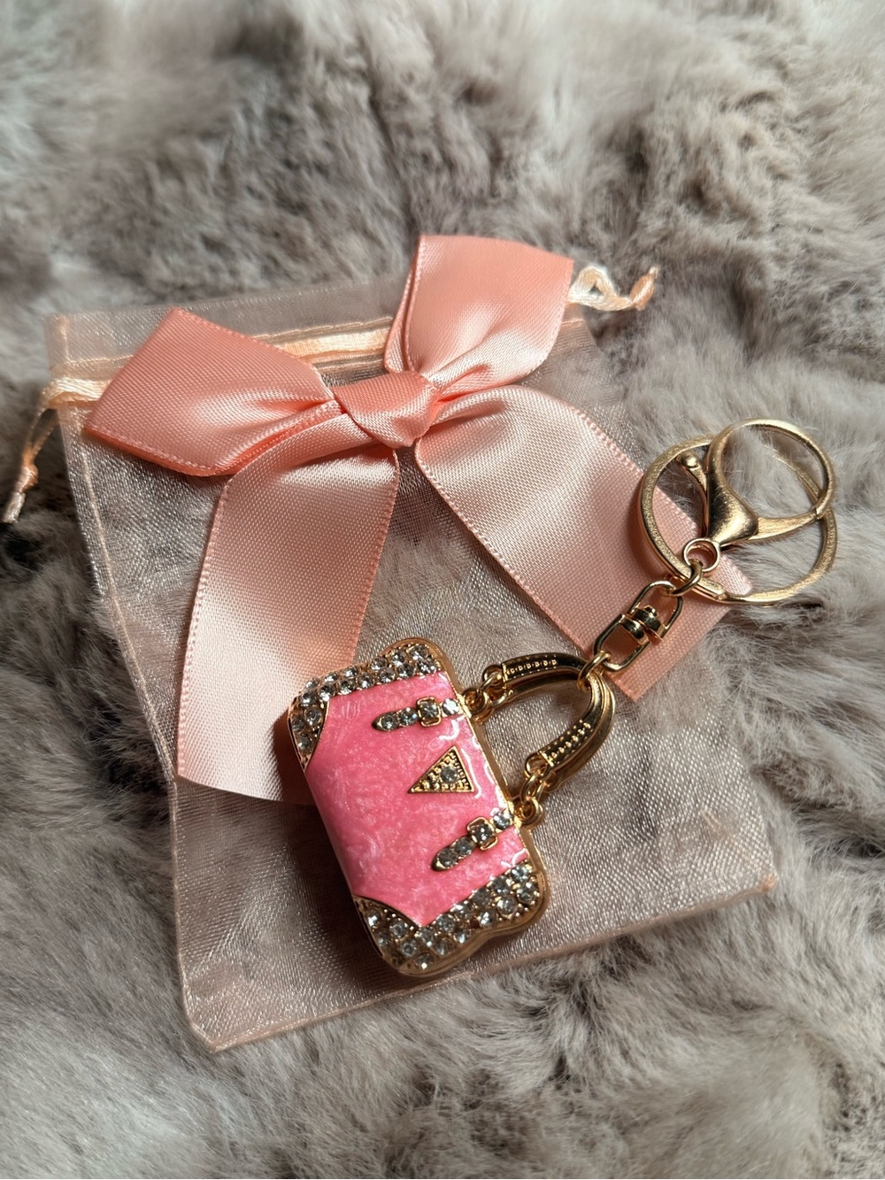 Pink Enamel Purse Bag Charm Gold Tone with Rhinestones Brand New
